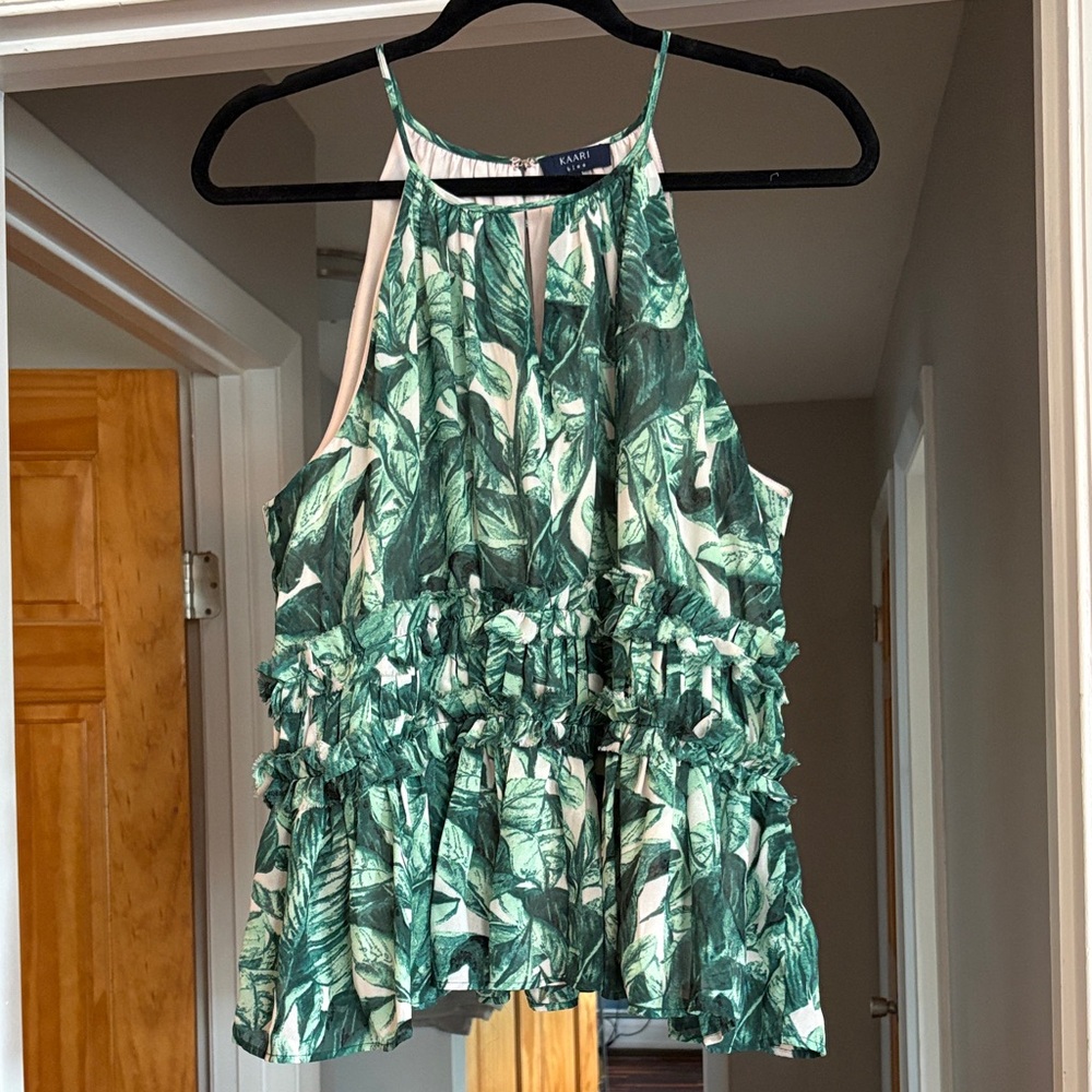 Kaari Blue Leaf Print Sleeveless Keyhole Blouse